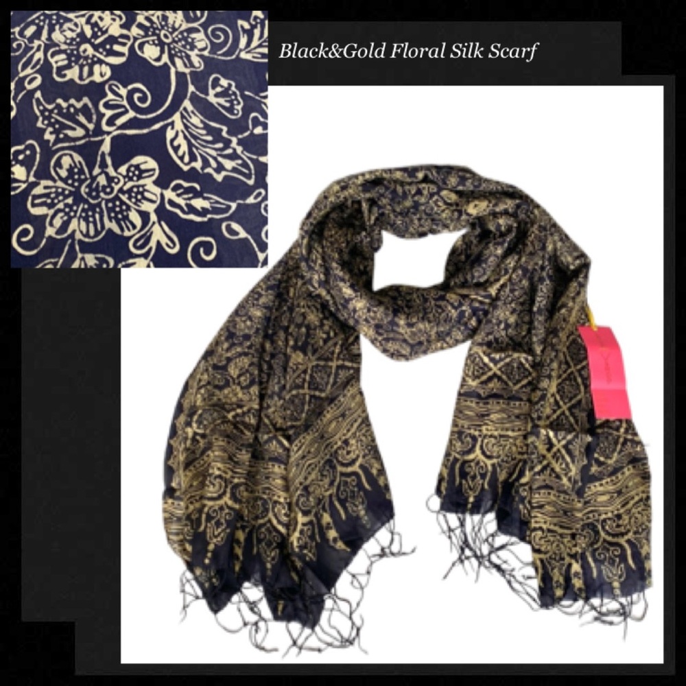 LOVE SHOP 100% Silk Black & Gold Floral Print Scarf with Tassels